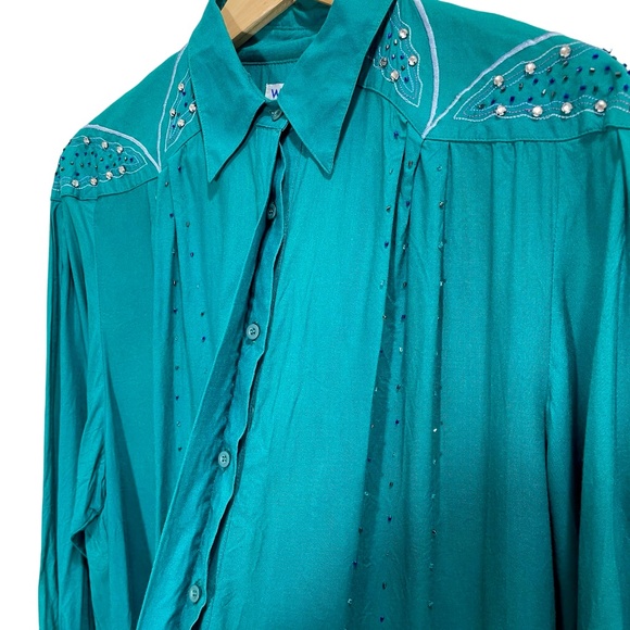 Vintage 1990s Women's Wrangler Western Collared Beaded Button Up Teal Blouse XL - Picture 3 of 13